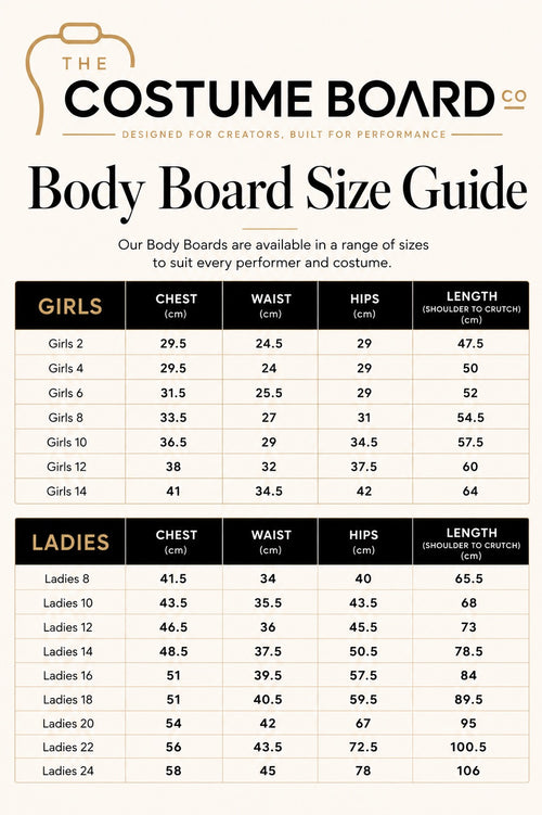 Acrylic costume body board size guide showing Girls 2–14 and Ladies 8–18 with shoulder, waist, hip and length measurements in centimetres and inches.